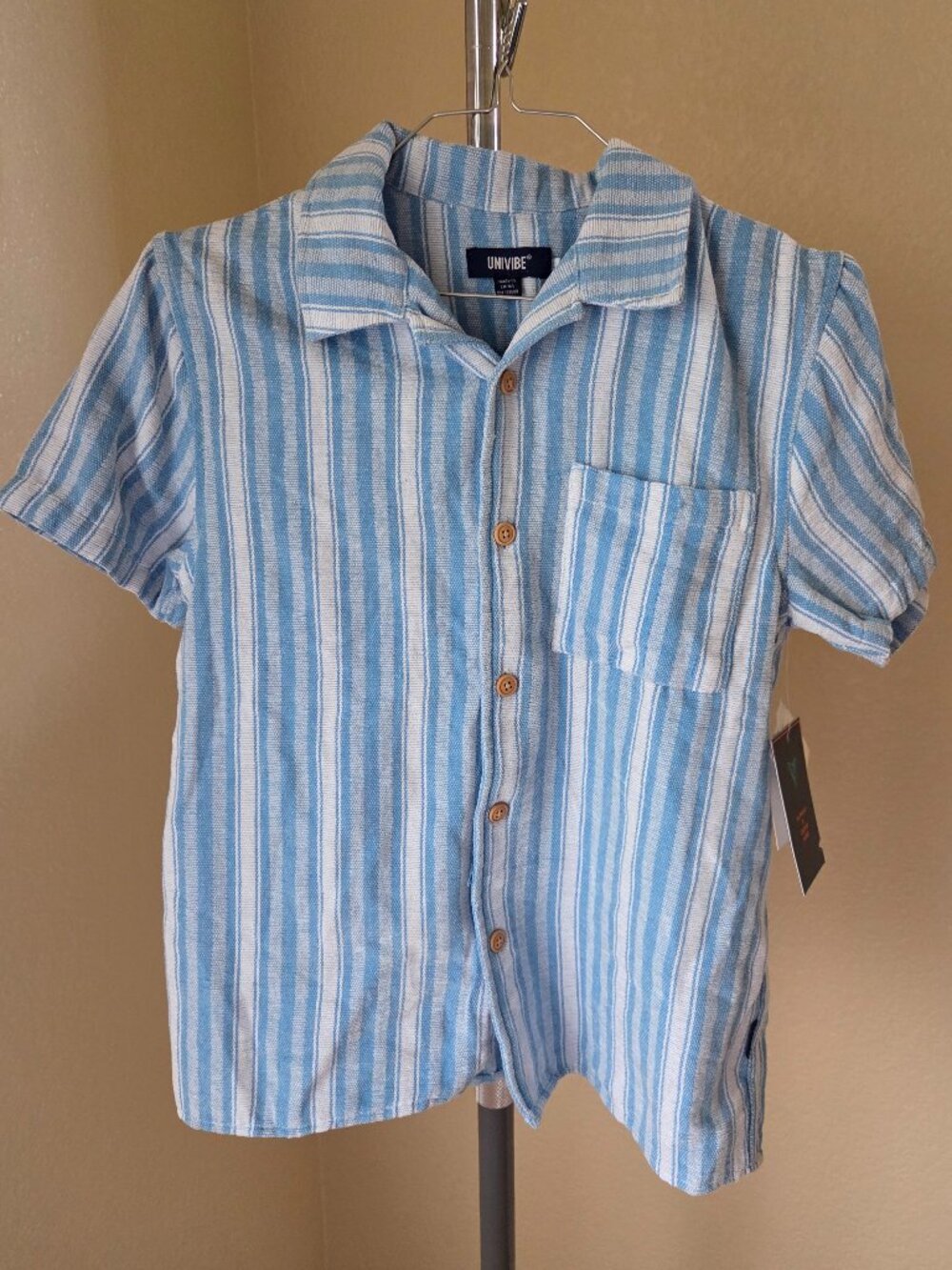 Univibe Big Boys Over Vista Textured Stripe Short Sleeve Woven Shirt - Blue - L